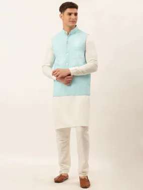 Men White Cotton Blend Kurta With Pyjamas & Sky Blue Embroidered Nehru Jacket