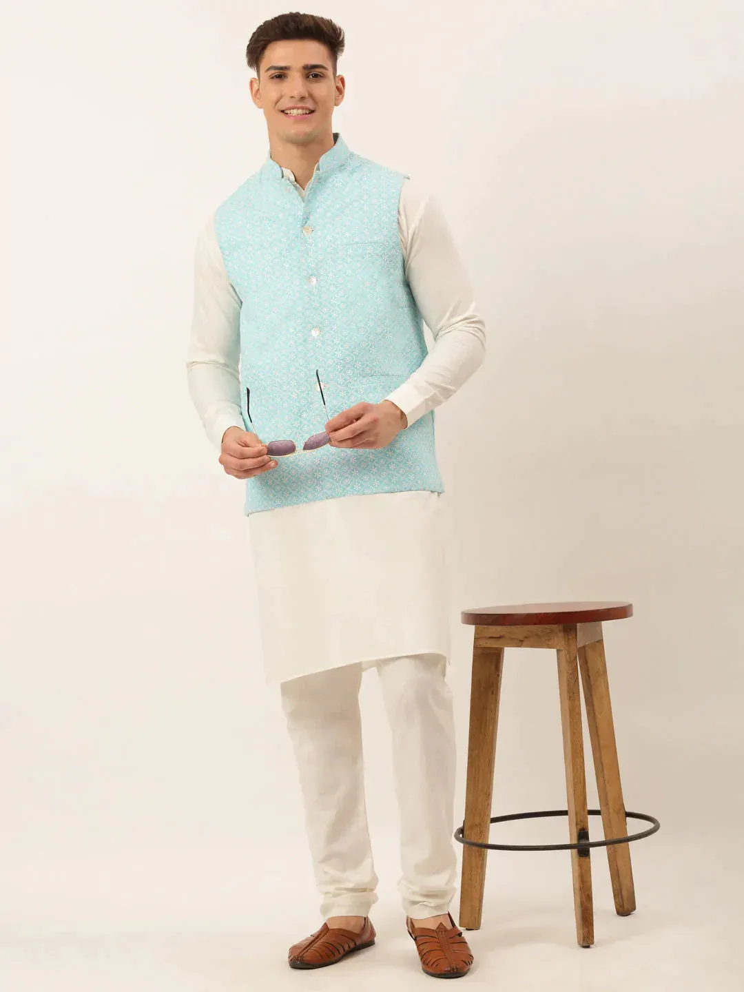 Men White Cotton Blend Kurta With Pyjamas & Sky Blue Embroidered Nehru Jacket