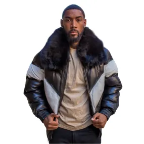 Mens Black and Grey Leather V Bomber Jacket