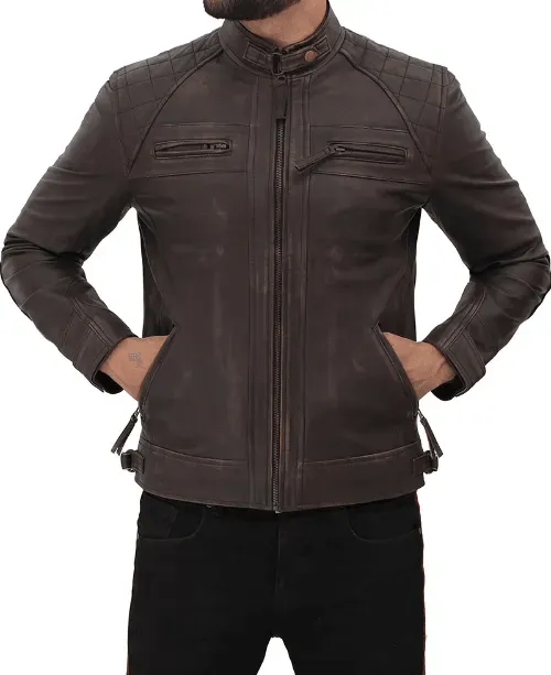 Men's Brown Distressed Quilted Leather Jacket