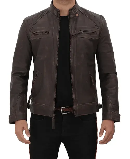 Men's Brown Distressed Quilted Leather Jacket