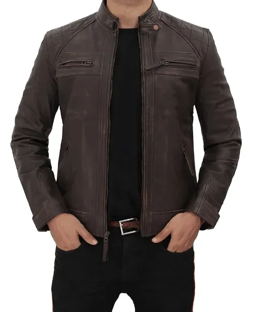 Men's Brown Distressed Quilted Leather Jacket