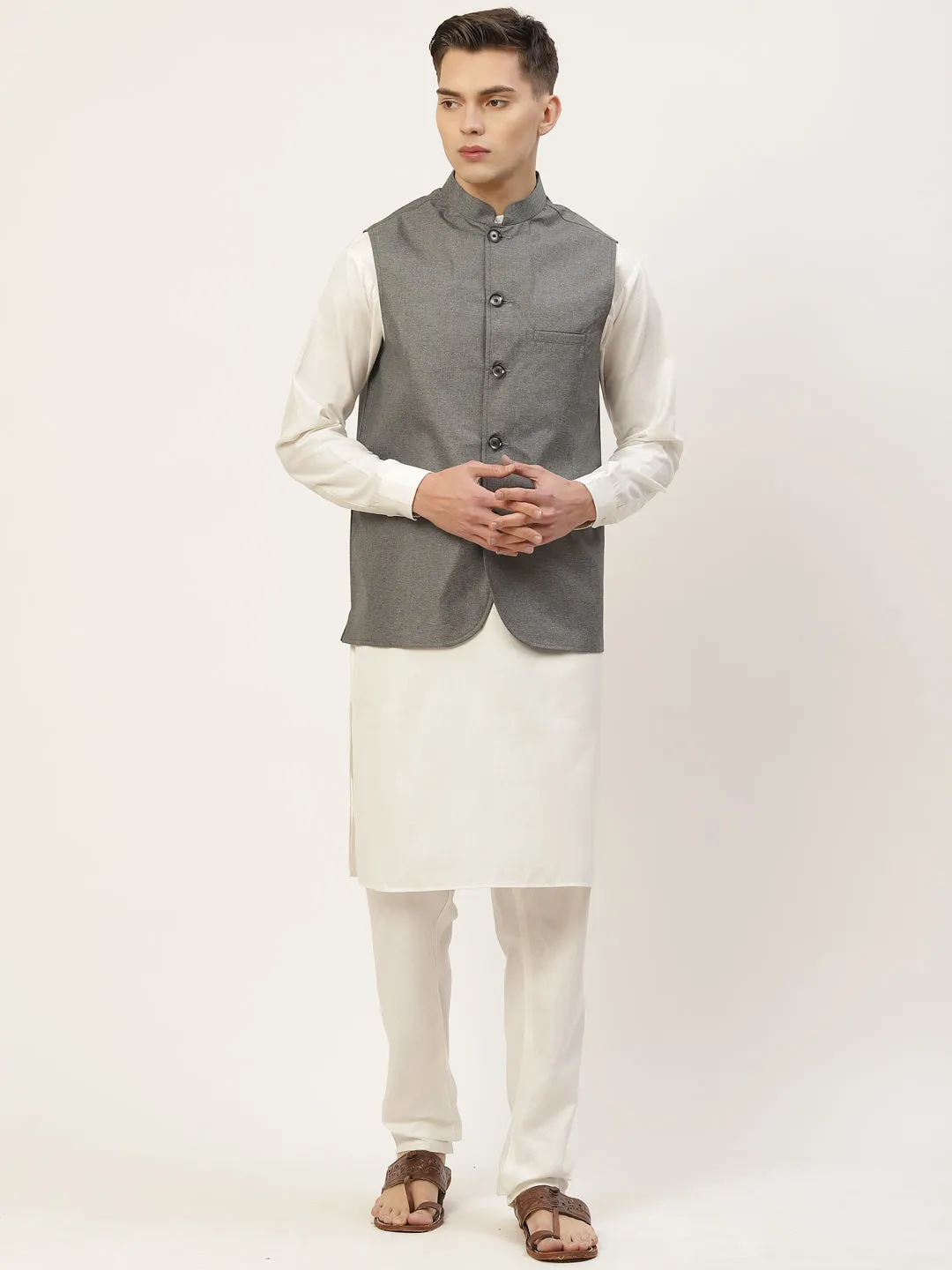 Men's Kurta Pyjama With Charcoal Grey Solid Nehru Jacket