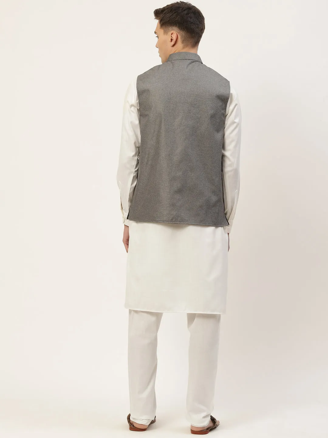 Men's Kurta Pyjama With Charcoal Grey Solid Nehru Jacket