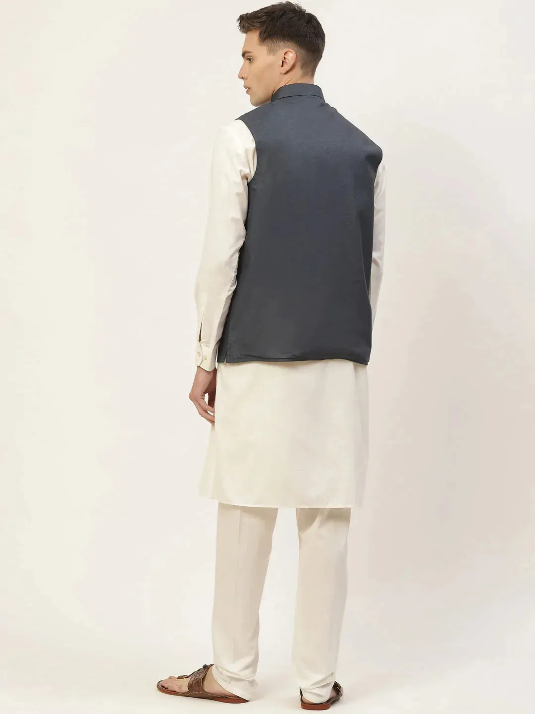 Men'S Kurta Pyjama With Teal Blue Solid Nehru Jacket