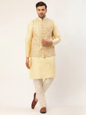 Men's Solid Kurta Pyjama With Cream Embroidered Nehru Jacket