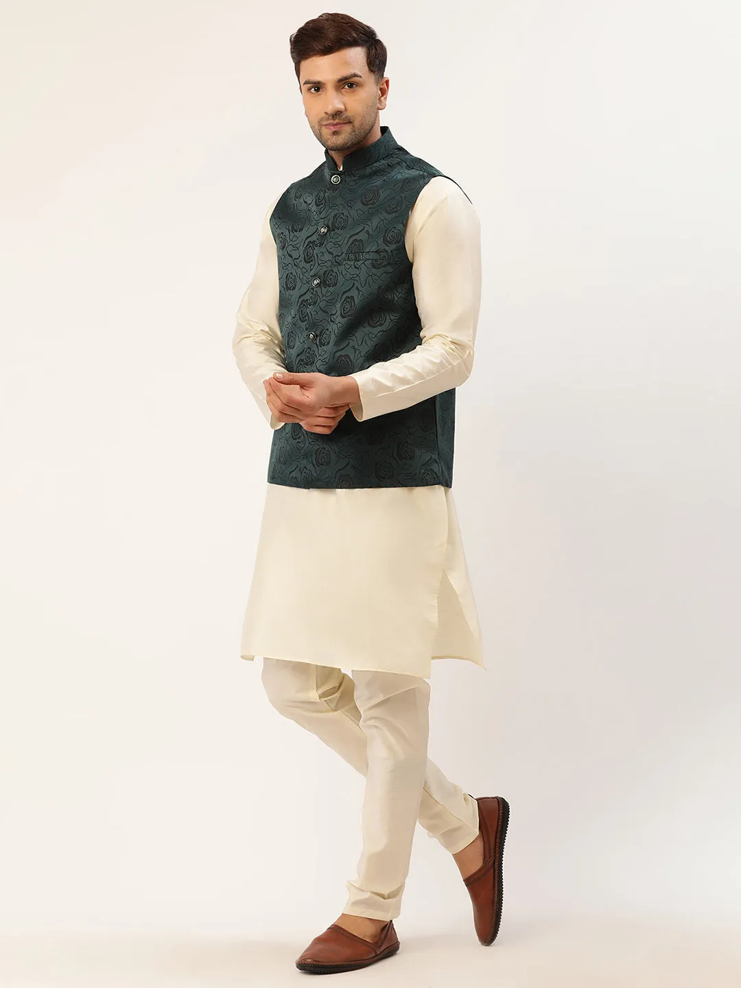 Men's Solid Kurta Pyjama With Teal Floral Embroidered Nehru Jacket