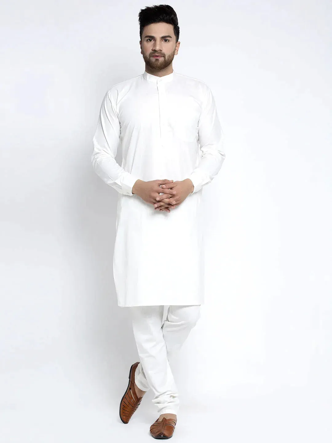 Men'S Solid White Cotton Kurta Payjama With Solid Charcoal Waistcoat