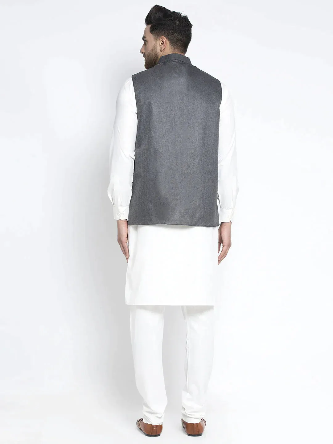 Men'S Solid White Cotton Kurta Payjama With Solid Charcoal Waistcoat