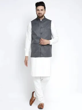 Men'S Solid White Cotton Kurta Payjama With Solid Charcoal Waistcoat