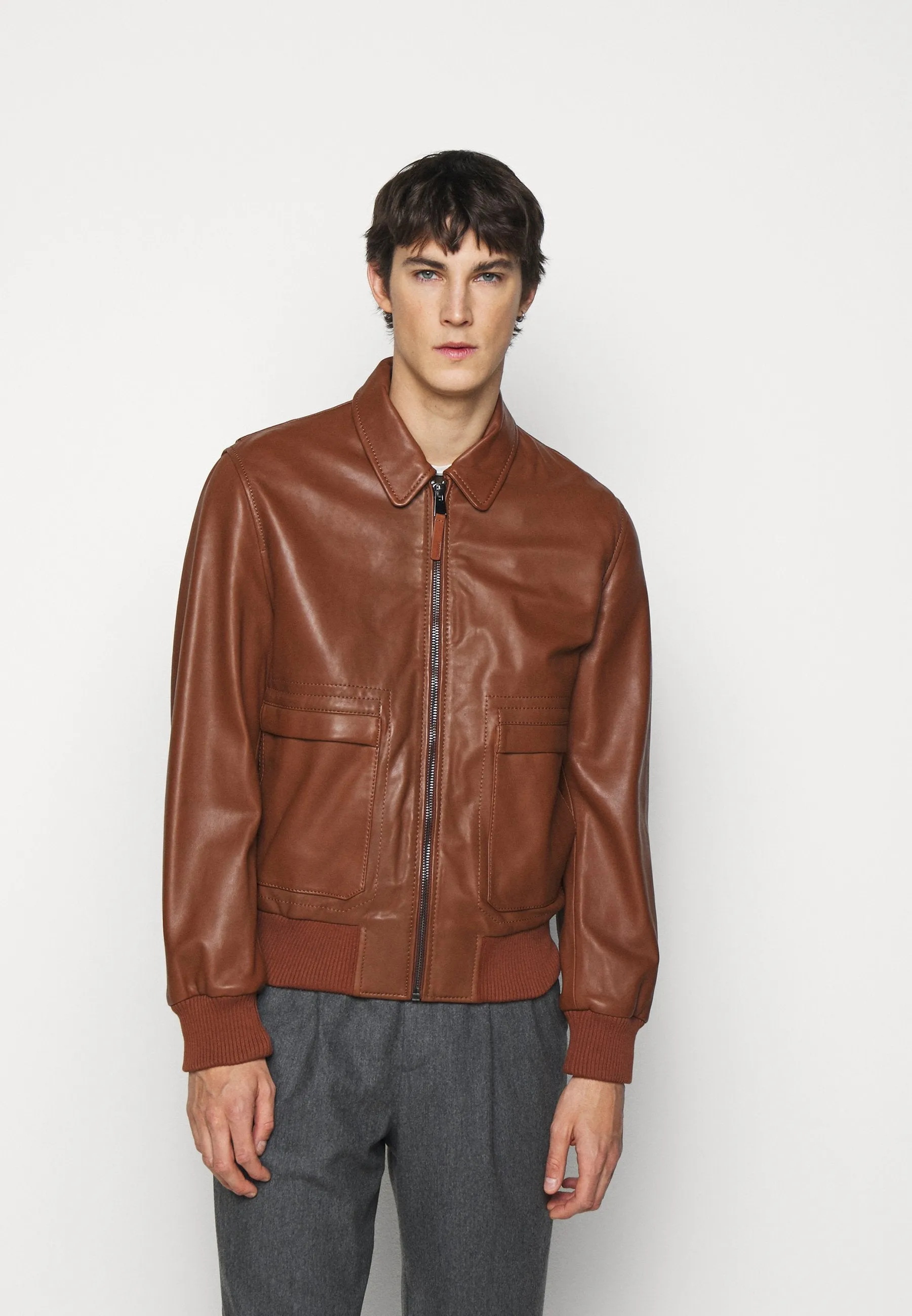 Men’s Tan Brown Leather Bomber Jacket