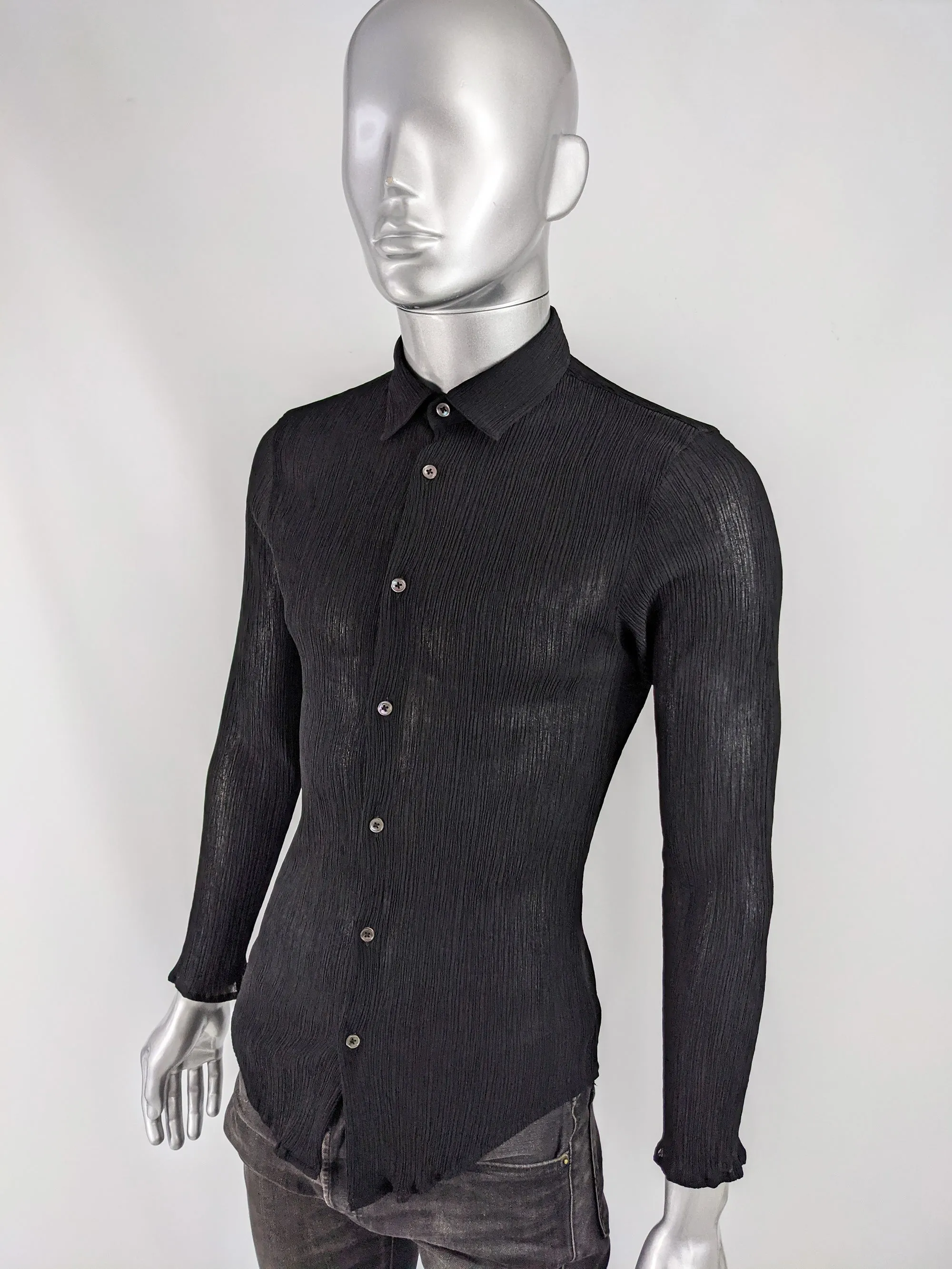 Mens Vintage Black Plissé Long Sleeve Shirt, 1990s