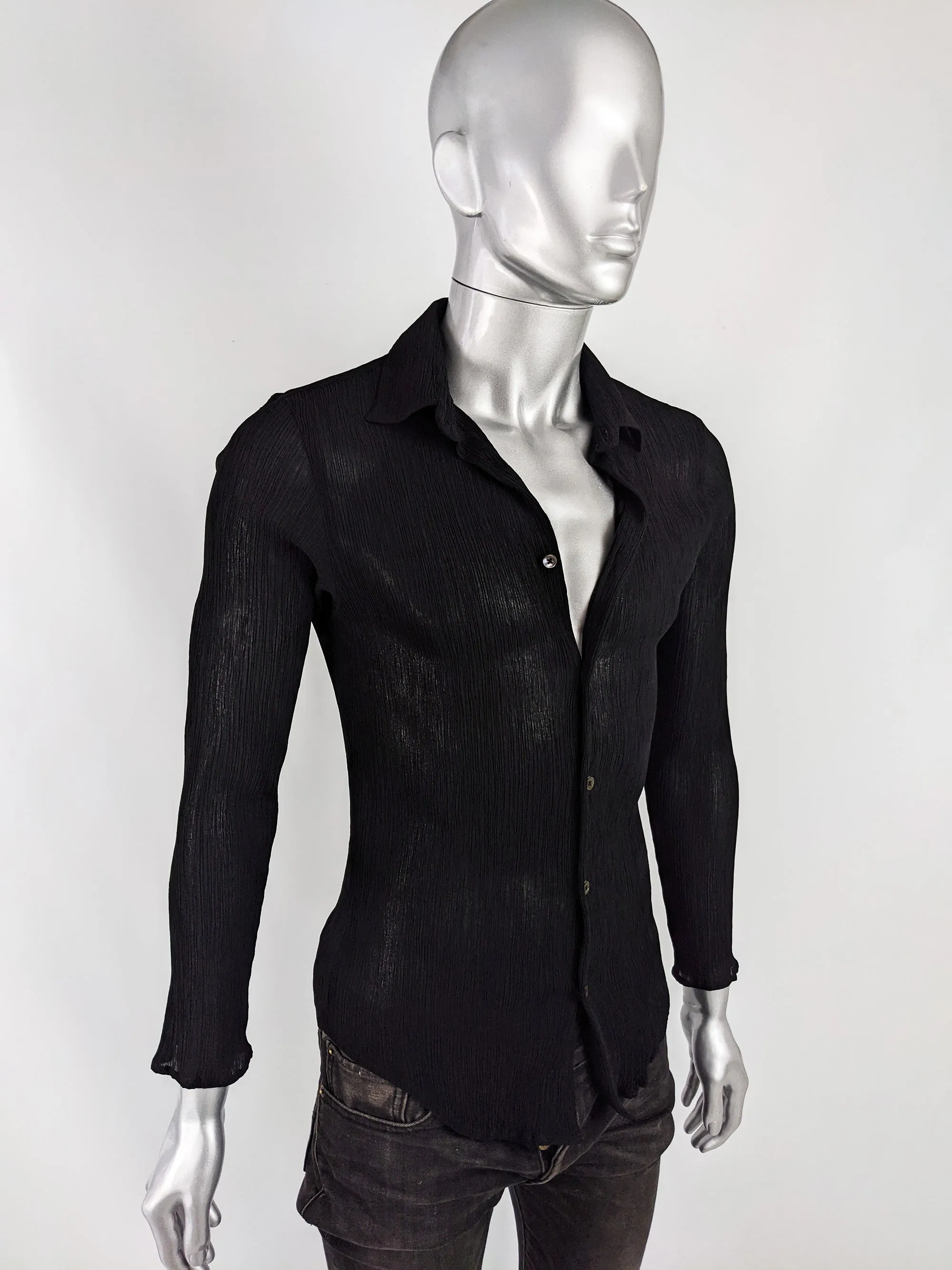 Mens Vintage Black Plissé Long Sleeve Shirt, 1990s