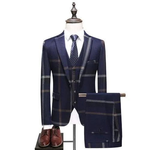 Men's Wedding Plaid Blue Gray Blazers Jacket Pants Vest 3 Pcs Set  202 Slim Fit Business Tuxedo Dress Classic Formal Suits Coat