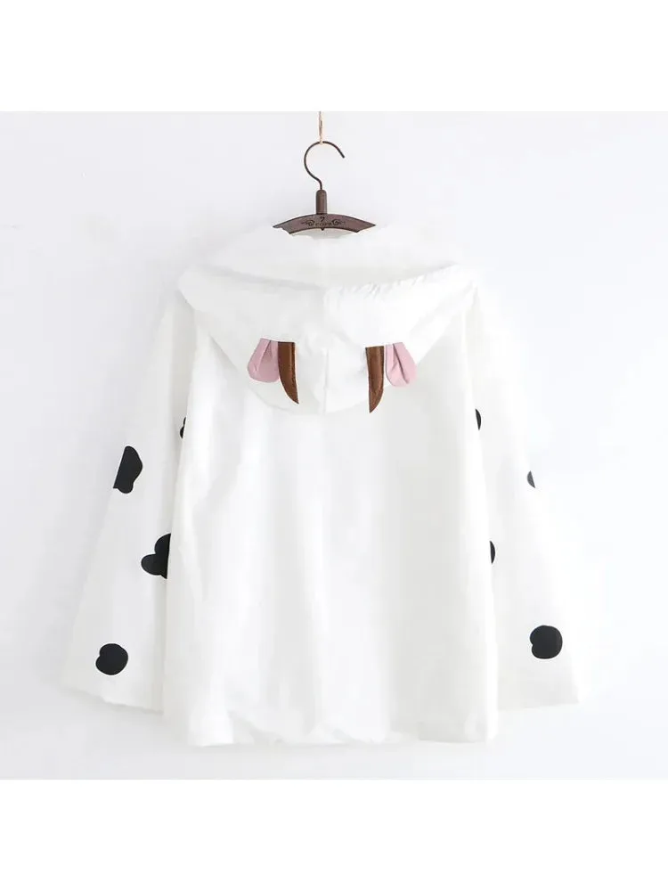 Metaversmall Women's Hooded Jacket Cartoon Dairy Cows Print Zipper Jackets Casual Pocket Harakuju Cute Outwear Coats 2024 Autumn Korean Tops