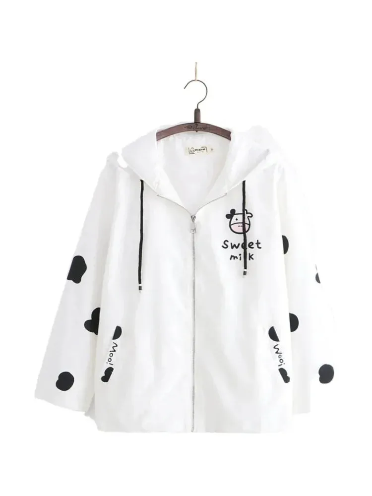 Metaversmall Women's Hooded Jacket Cartoon Dairy Cows Print Zipper Jackets Casual Pocket Harakuju Cute Outwear Coats 2024 Autumn Korean Tops