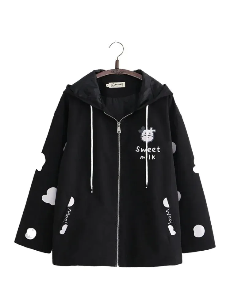 Metaversmall Women's Hooded Jacket Cartoon Dairy Cows Print Zipper Jackets Casual Pocket Harakuju Cute Outwear Coats 2024 Autumn Korean Tops