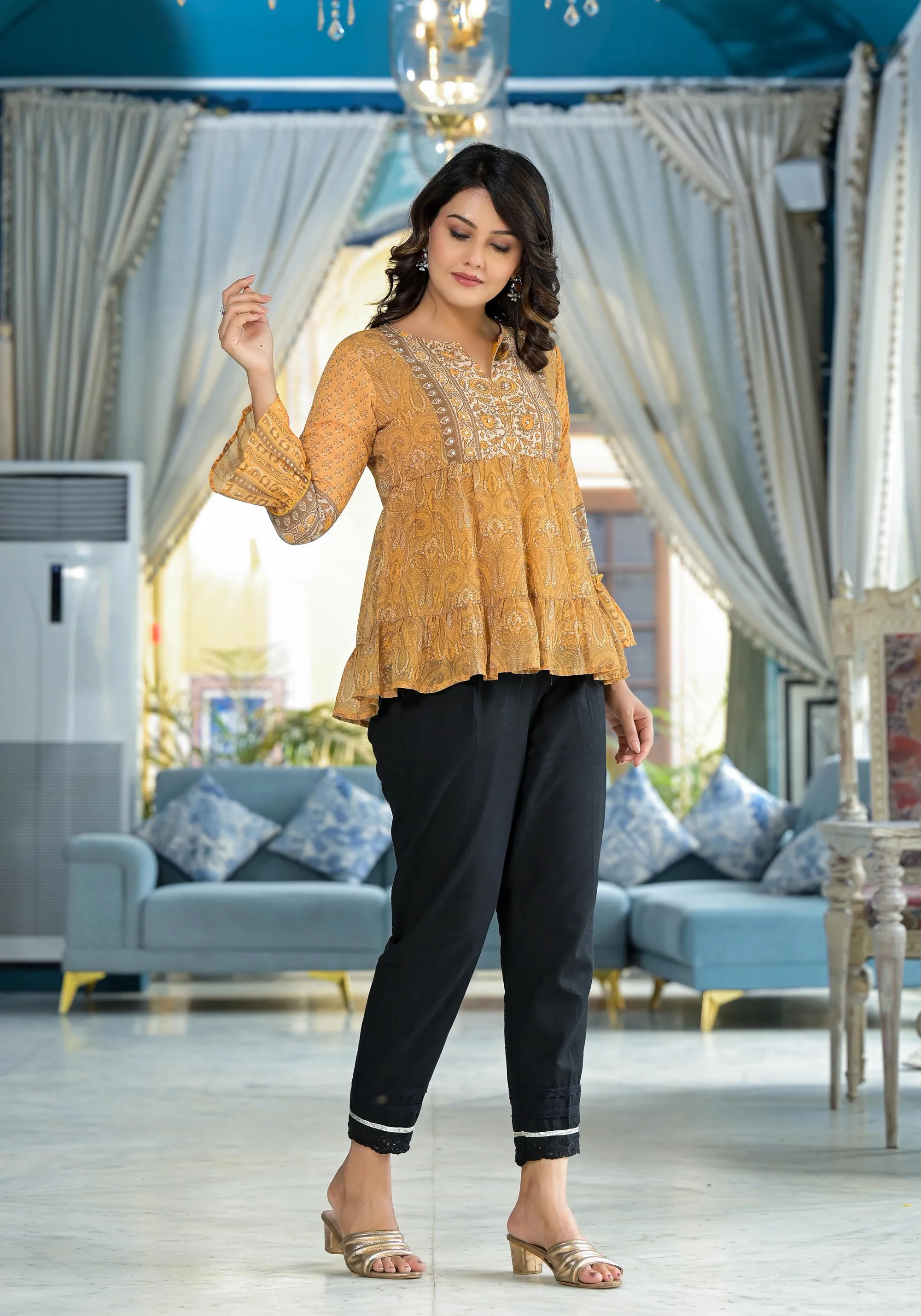 Mustard Ethnic Motif Printed Georgette Tunic With Sequins Detail