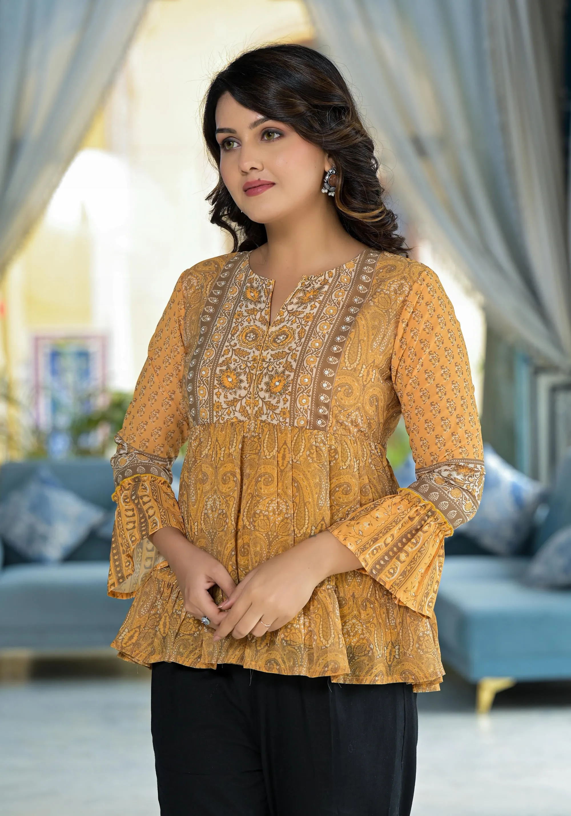 Mustard Ethnic Motif Printed Georgette Tunic With Sequins Detail