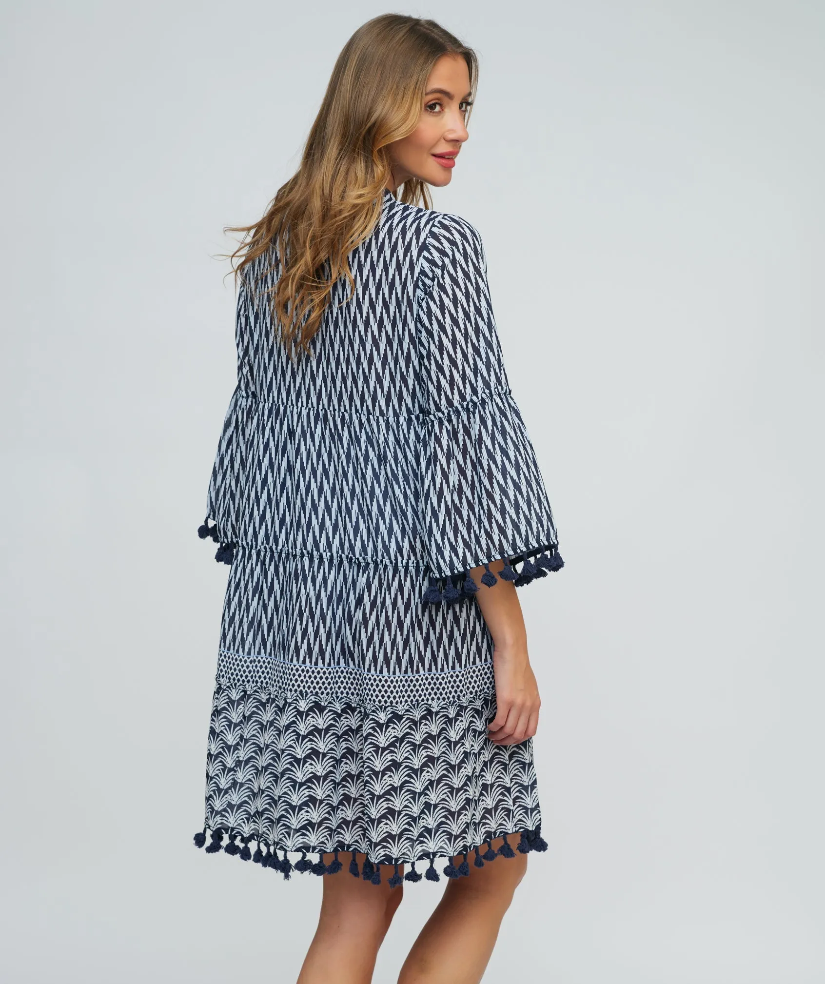 Navy and White Nautical Print Dress with Bell Sleeves