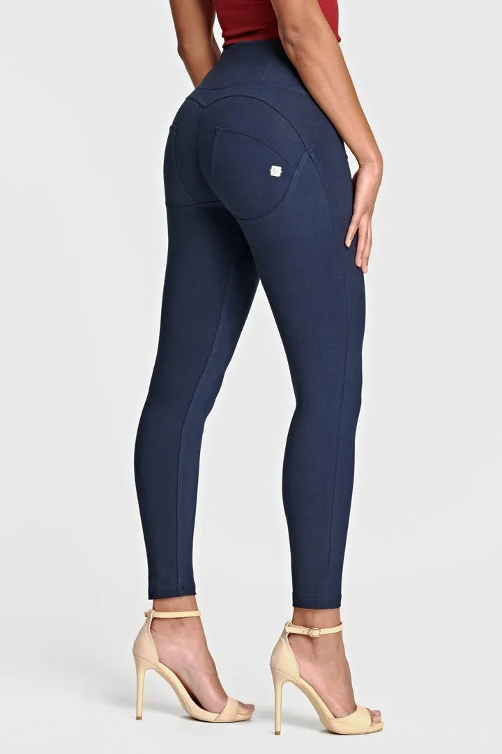 Navy Cotton High-Waist Ankle-Length Pants