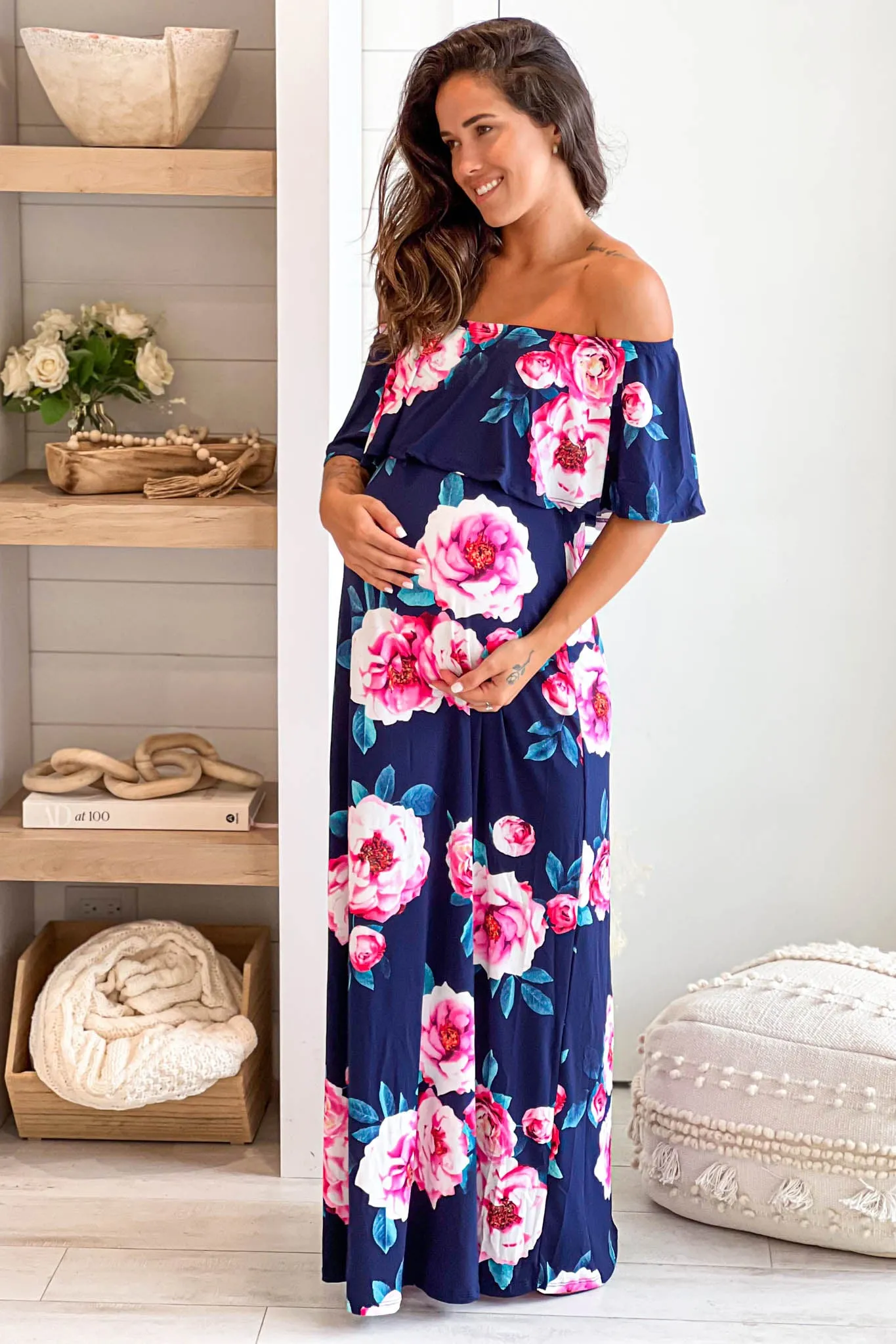 Navy Floral Off Shoulder Maternity Maxi Dress