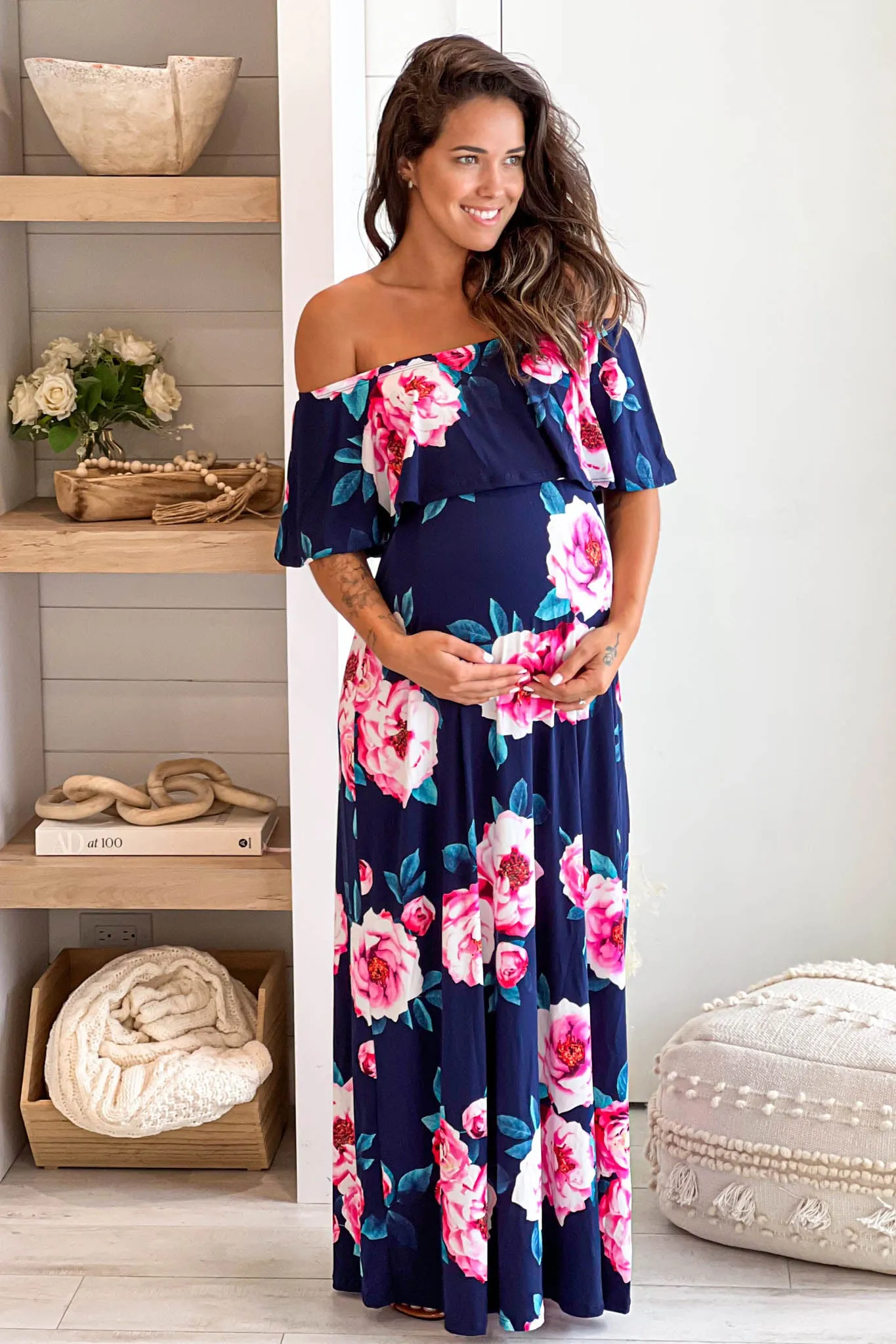 Navy Floral Off Shoulder Maternity Maxi Dress