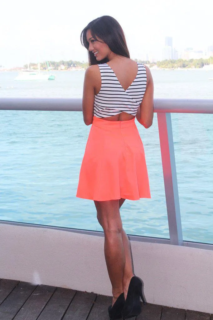 Neon Coral Short Dress With Criss-Cross Back