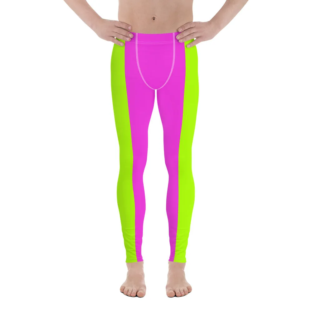 Neon Green Pink Men's Leggings, Dual Color Modern Bright Running Tights Meggings-Made in USA/EU