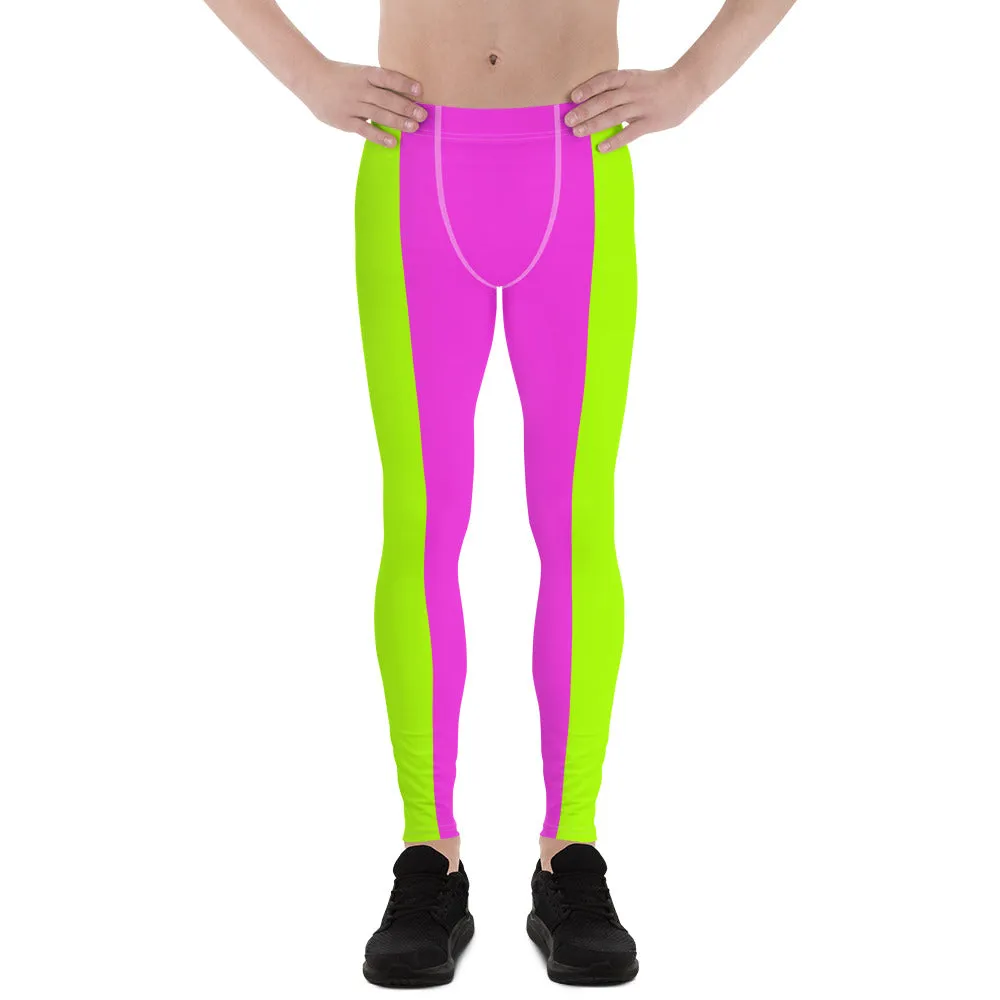 Neon Green Pink Men's Leggings, Dual Color Modern Bright Running Tights Meggings-Made in USA/EU