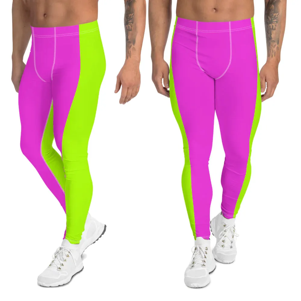 Neon Green Pink Men's Leggings, Dual Color Modern Bright Running Tights Meggings-Made in USA/EU