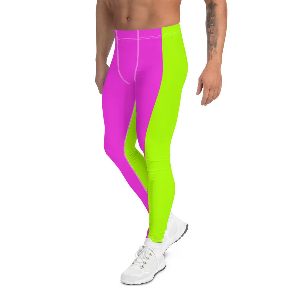 Neon Green Pink Men's Leggings, Dual Color Modern Bright Running Tights Meggings-Made in USA/EU