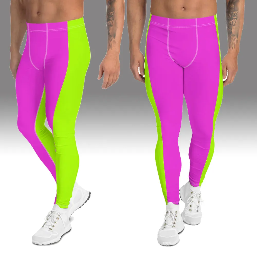 Neon Green Pink Men's Leggings, Dual Color Modern Bright Running Tights Meggings-Made in USA/EU