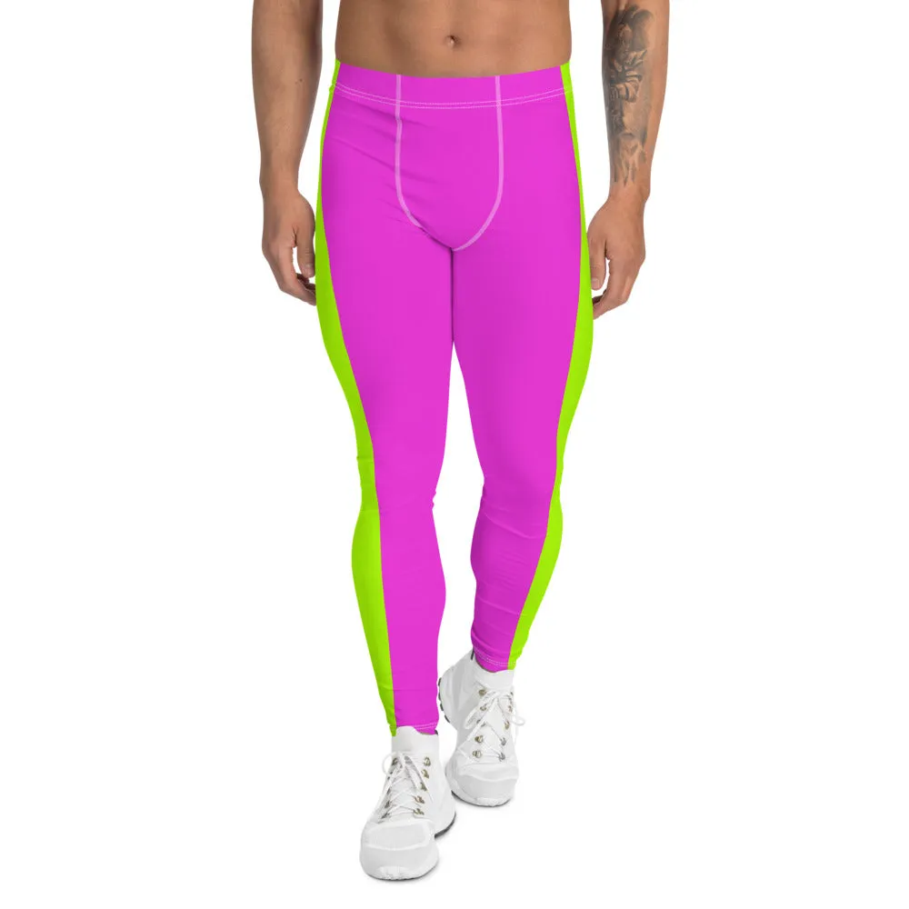 Neon Green Pink Men's Leggings, Dual Color Modern Bright Running Tights Meggings-Made in USA/EU