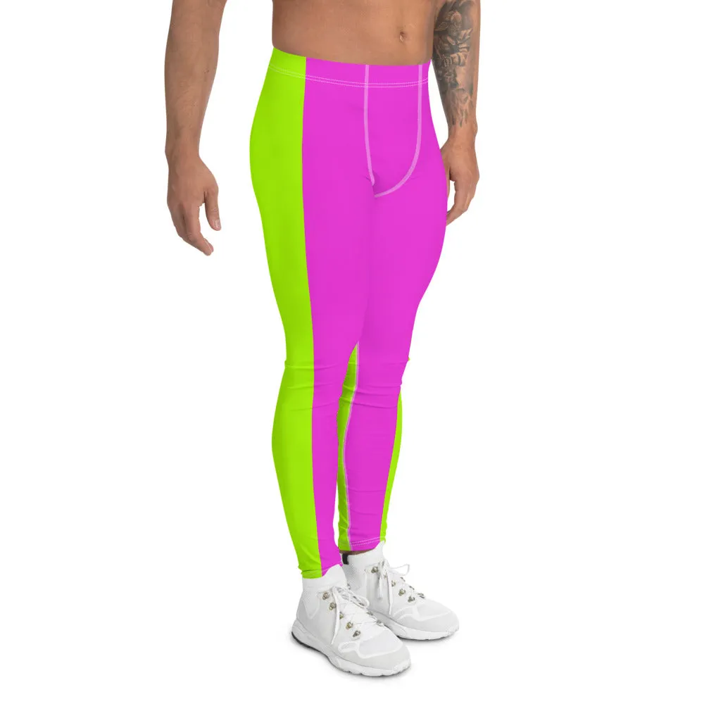 Neon Green Pink Men's Leggings, Dual Color Modern Bright Running Tights Meggings-Made in USA/EU