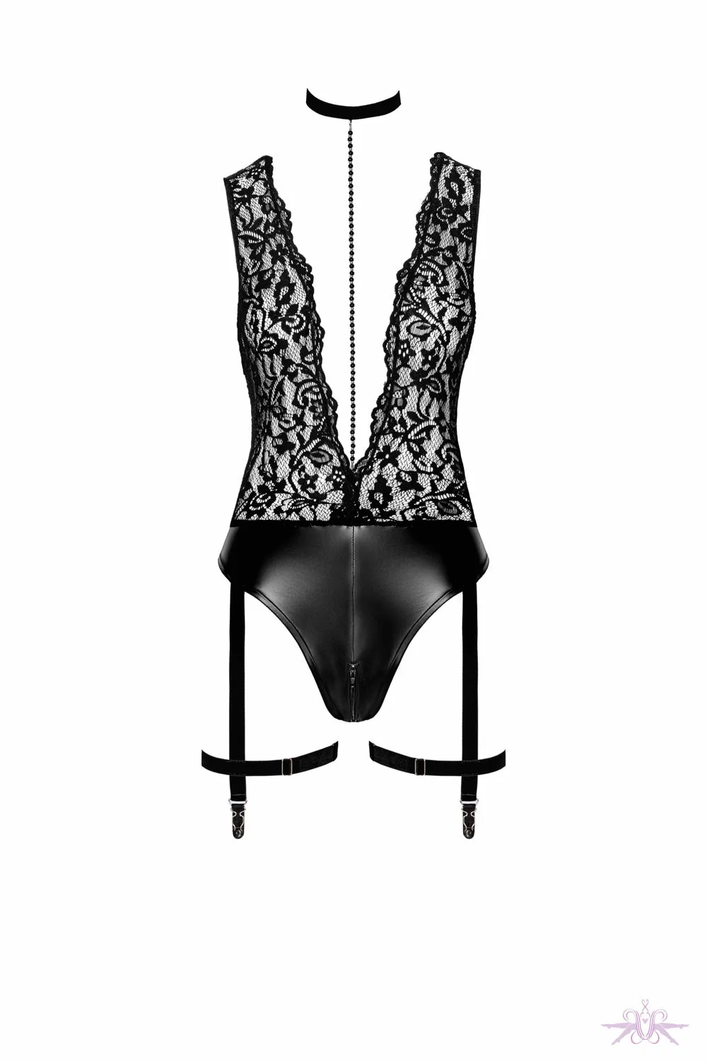 Noir Handmade V-Neck Bodysuit with Garters