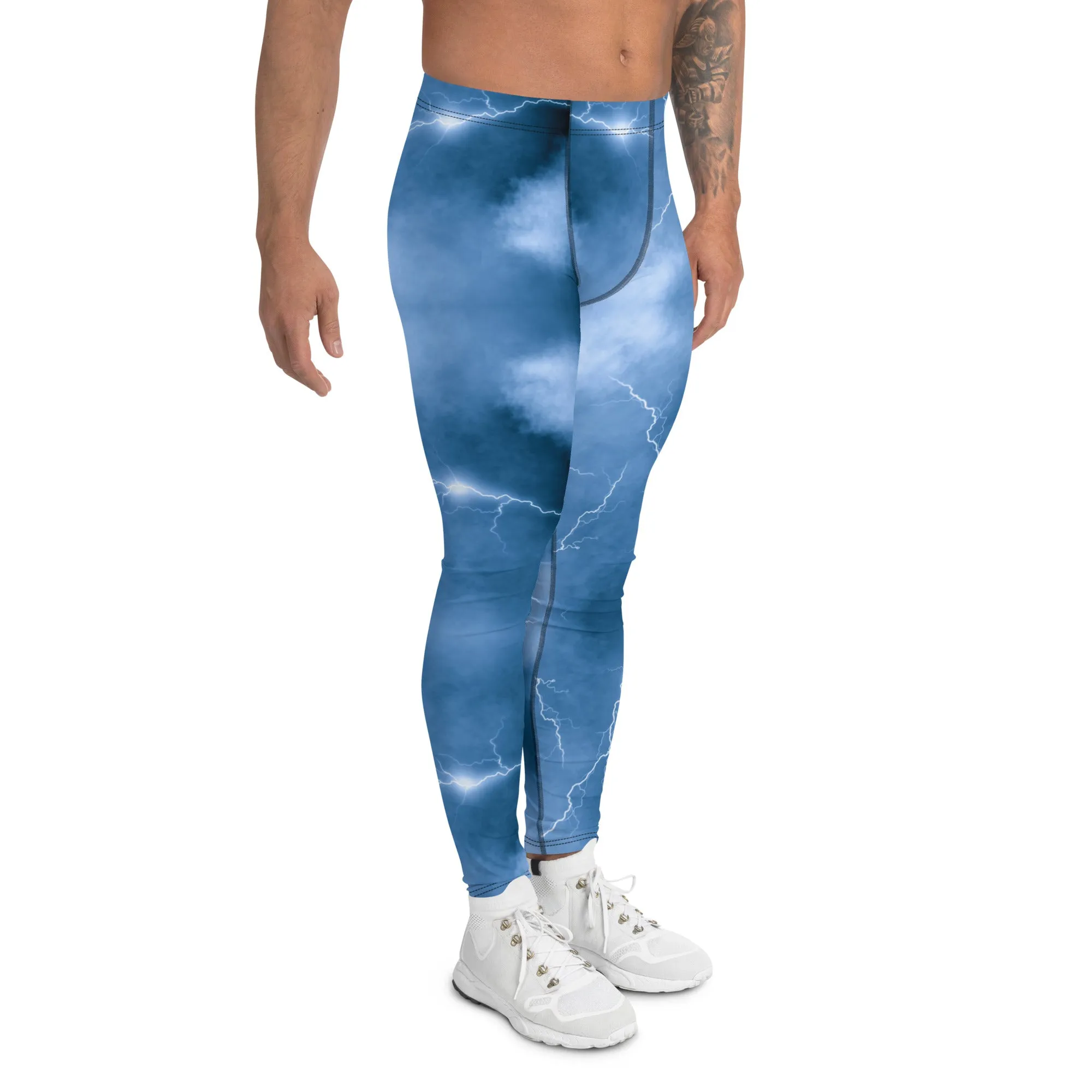 Ocean Blue Lightning Men's Leggings, Mens Lightning Storm Pants, Thunder Lightning Leggings For Men-Made in USA/EU/MX