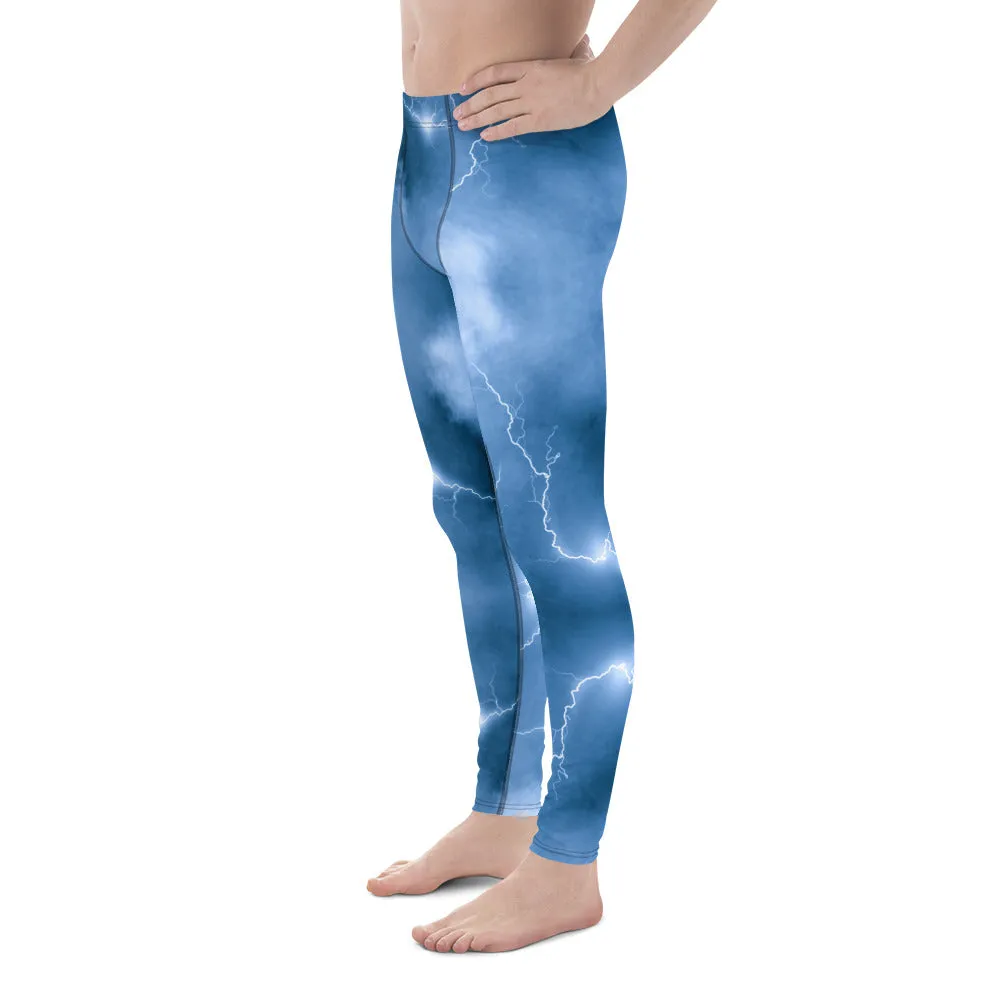 Ocean Blue Lightning Men's Leggings, Mens Lightning Storm Pants, Thunder Lightning Leggings For Men-Made in USA/EU/MX