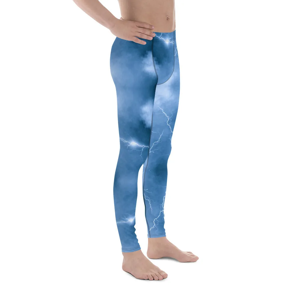 Ocean Blue Lightning Men's Leggings, Mens Lightning Storm Pants, Thunder Lightning Leggings For Men-Made in USA/EU/MX