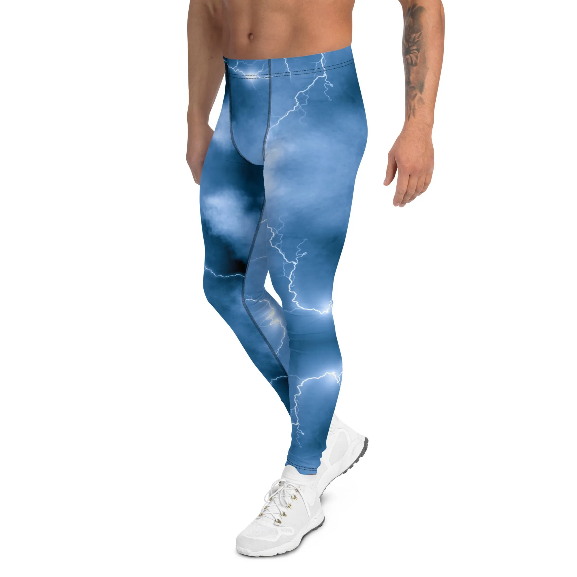 Ocean Blue Lightning Men's Leggings, Mens Lightning Storm Pants, Thunder Lightning Leggings For Men-Made in USA/EU/MX