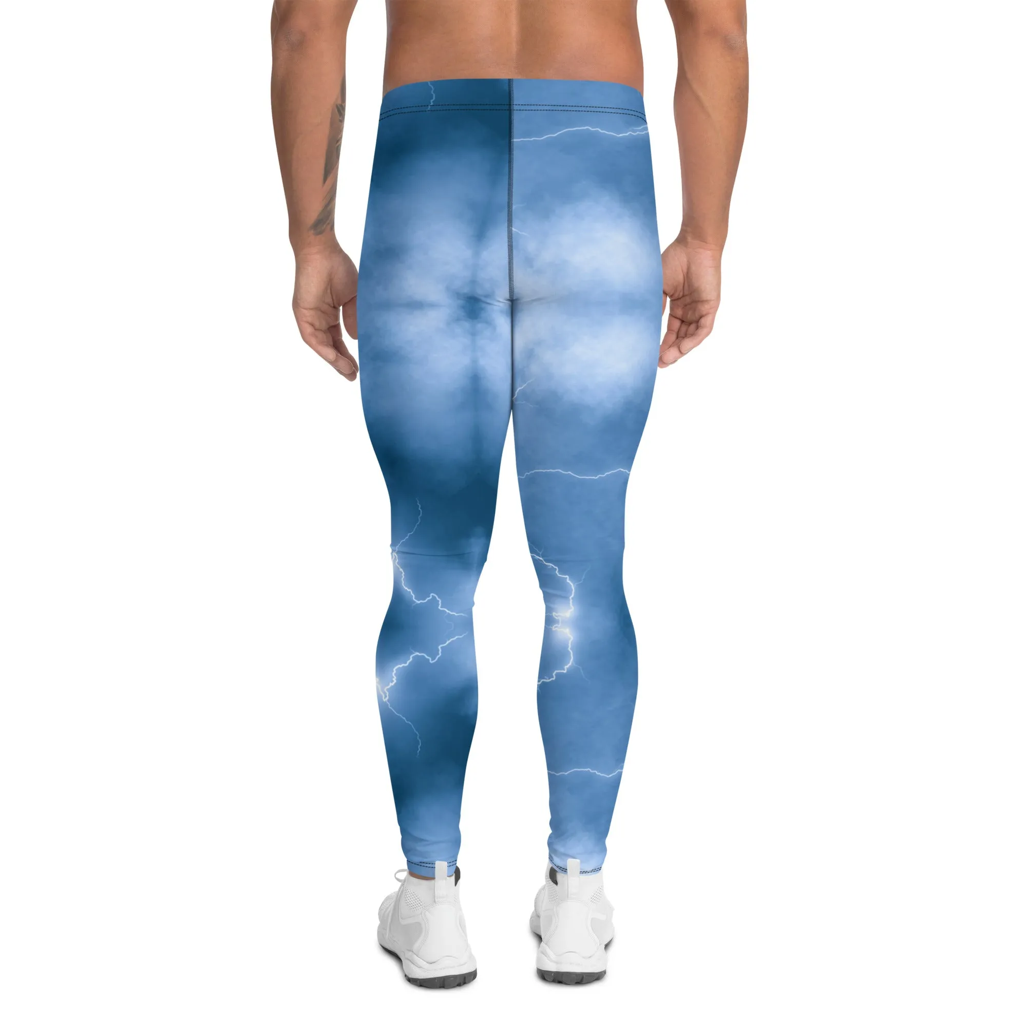 Ocean Blue Lightning Men's Leggings, Mens Lightning Storm Pants, Thunder Lightning Leggings For Men-Made in USA/EU/MX