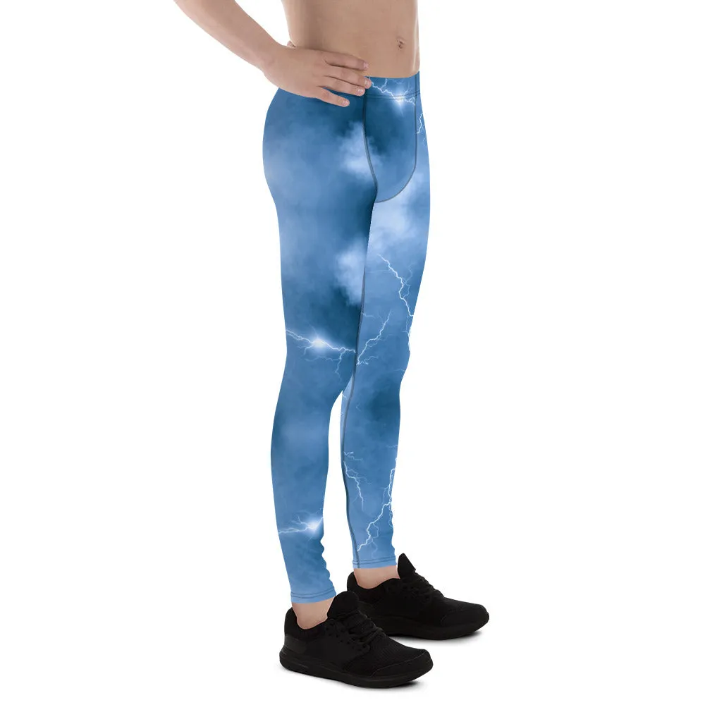 Ocean Blue Lightning Men's Leggings, Mens Lightning Storm Pants, Thunder Lightning Leggings For Men-Made in USA/EU/MX