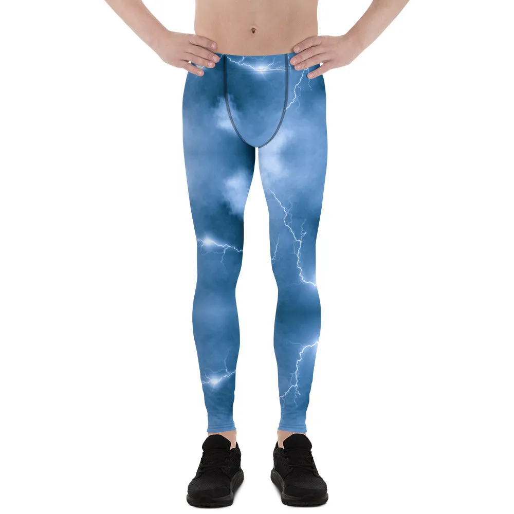 Ocean Blue Lightning Men's Leggings, Mens Lightning Storm Pants, Thunder Lightning Leggings For Men-Made in USA/EU/MX