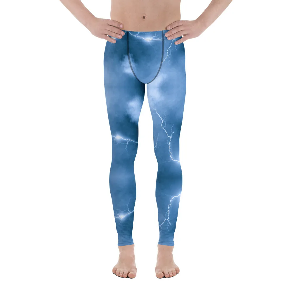 Ocean Blue Lightning Men's Leggings, Mens Lightning Storm Pants, Thunder Lightning Leggings For Men-Made in USA/EU/MX