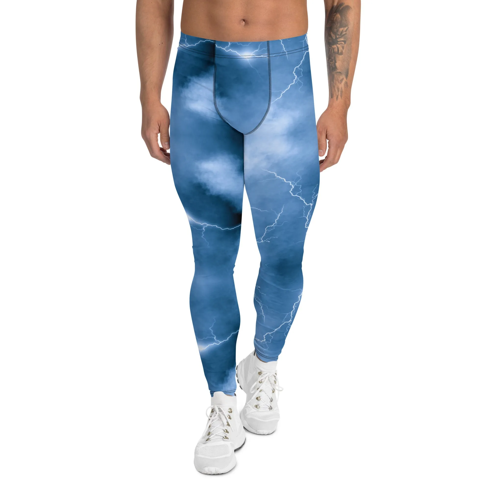 Ocean Blue Lightning Men's Leggings, Mens Lightning Storm Pants, Thunder Lightning Leggings For Men-Made in USA/EU/MX