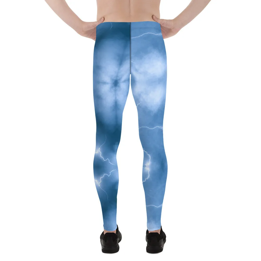 Ocean Blue Lightning Men's Leggings, Mens Lightning Storm Pants, Thunder Lightning Leggings For Men-Made in USA/EU/MX