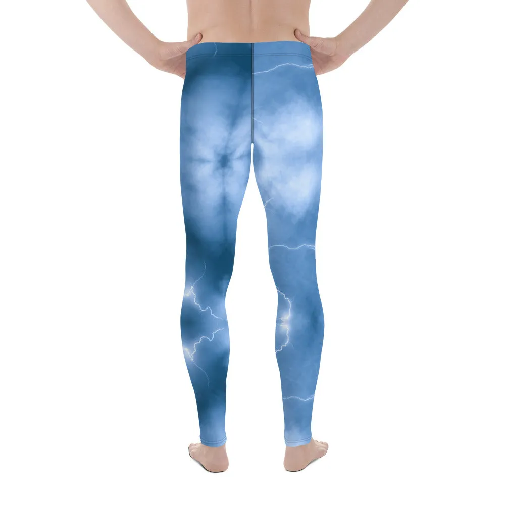 Ocean Blue Lightning Men's Leggings, Mens Lightning Storm Pants, Thunder Lightning Leggings For Men-Made in USA/EU/MX