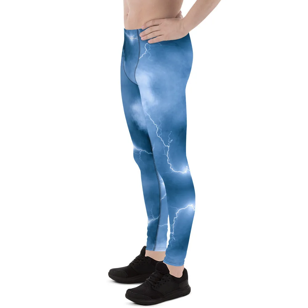 Ocean Blue Lightning Men's Leggings, Mens Lightning Storm Pants, Thunder Lightning Leggings For Men-Made in USA/EU/MX