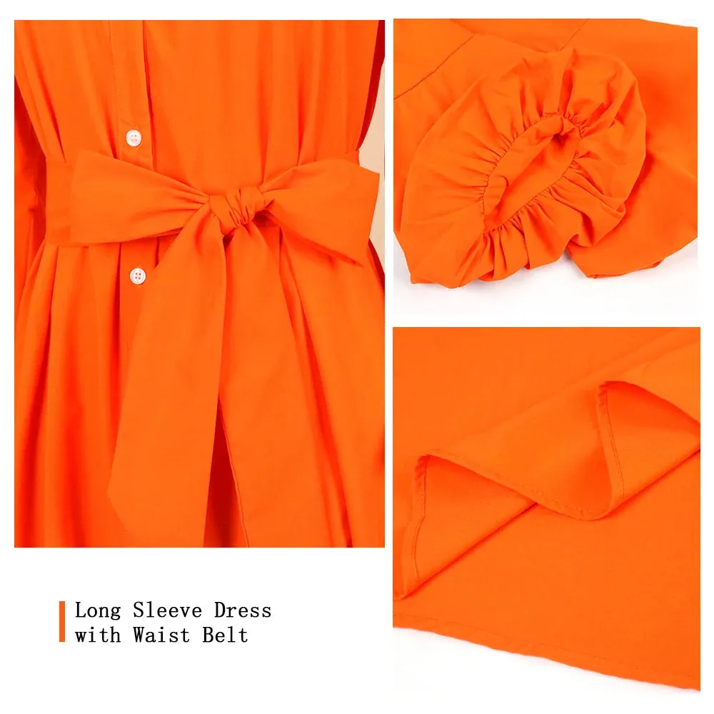 Orange V-Neck Front Slit Casual Dress with Belt