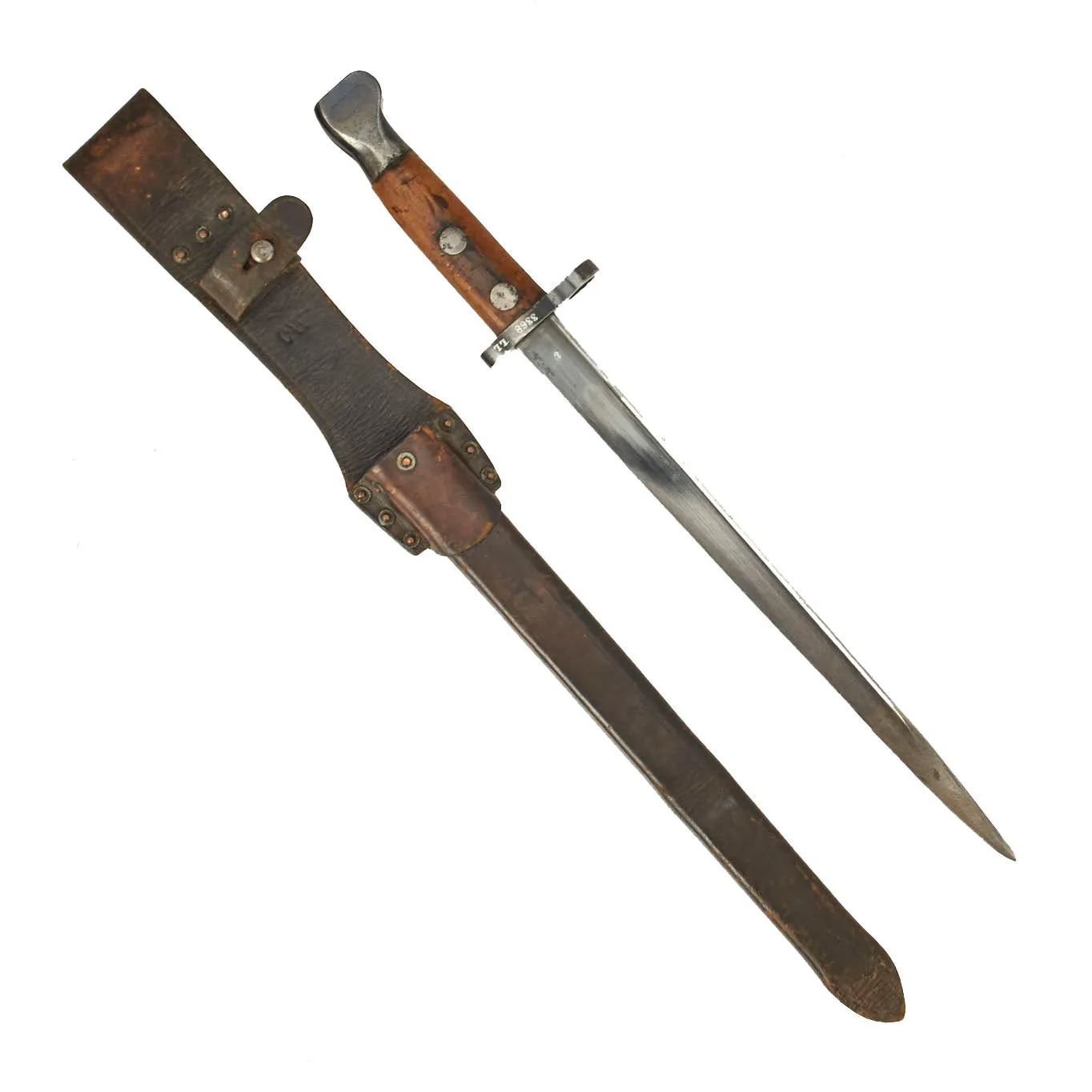 Original Dutch Geweer M. 95 T-Back Bayonet Shortened to German WWII Seitengewehr 102 (h) with Scabbard